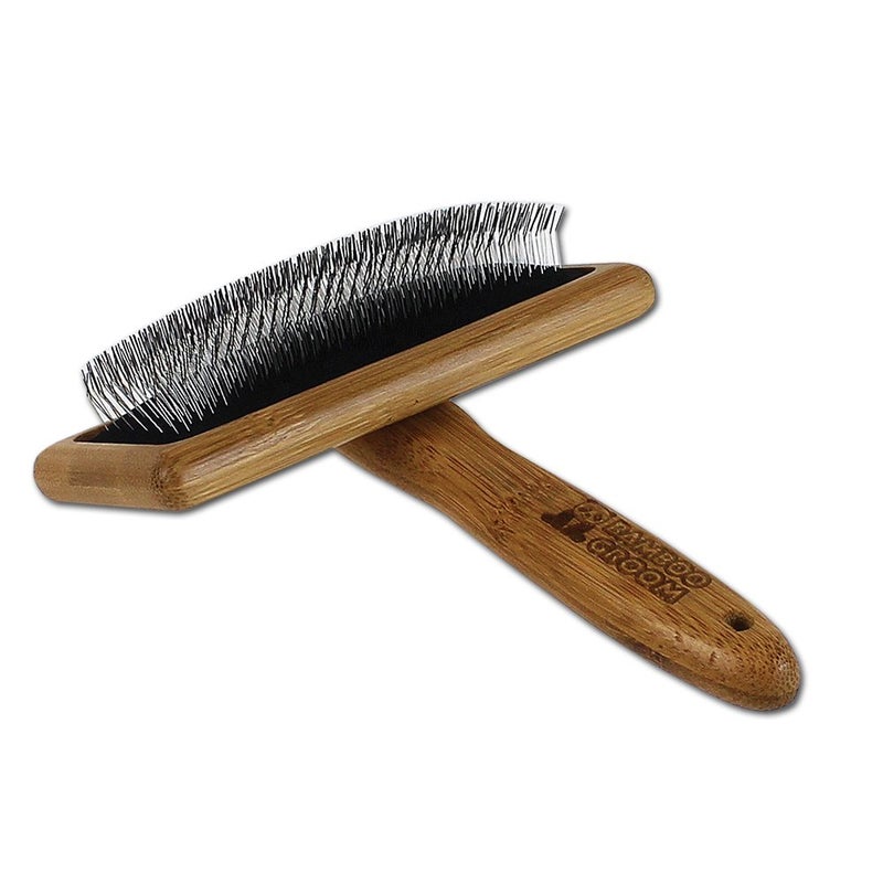 Alcott Bamboo Groom Slicker Brush with Stainless Steel Pins for Pets, Large, Brown - Image 1